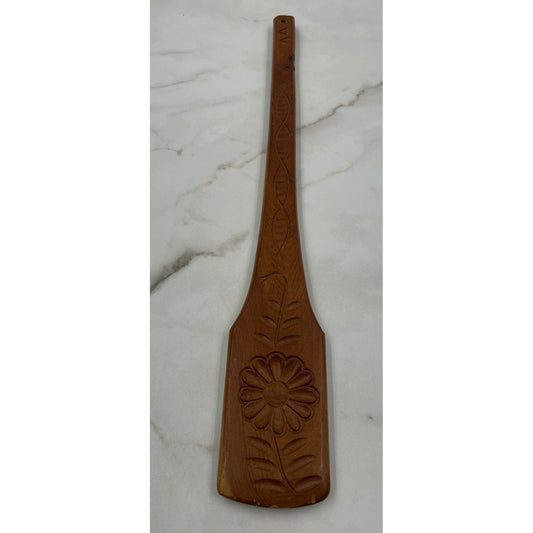 Vintage Hand Carved Wooden Floral Paddle Folk Art Decor Signed Sunflower