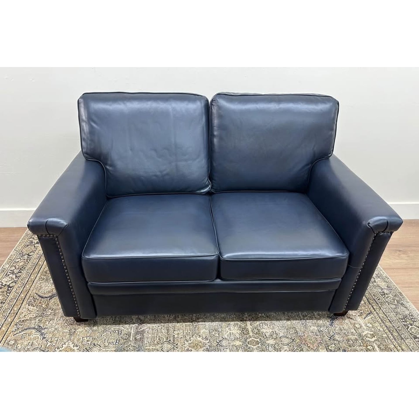 Lola 56" Wide Leather Sofa Navy Nail Head Couch