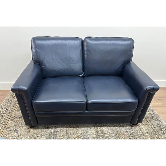 Lola 56" Wide Leather Sofa Navy Nail Head Couch