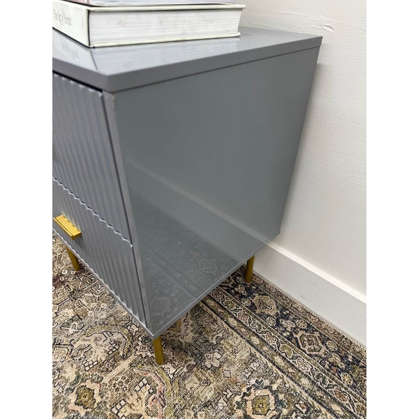 Ceandro 2 Drawer Nightstand-GREY High Gloss Laquer Gold Legs MCM Style - Has Flaw