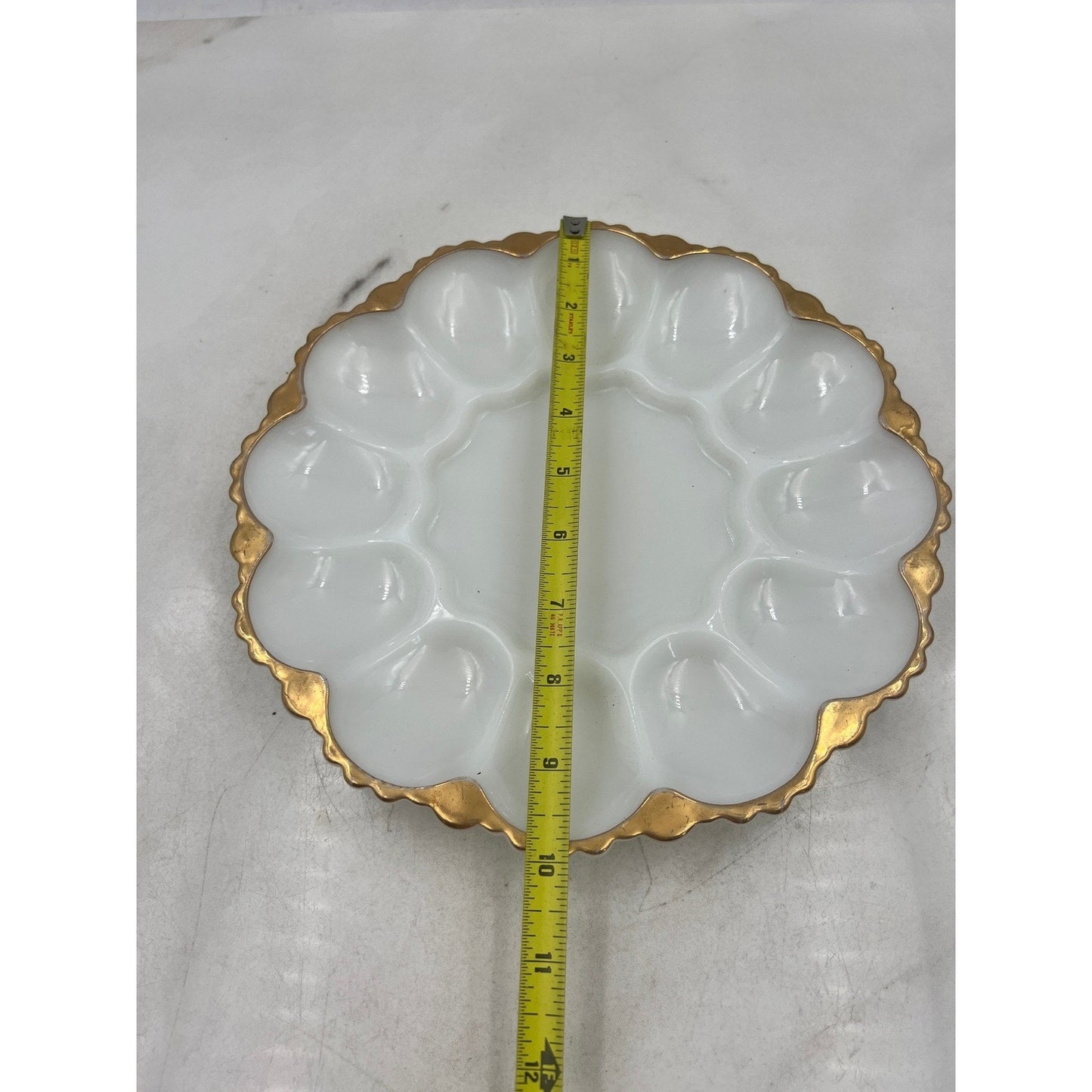 Vintage Milk Glass Egg Plate Gold Trim Scalloped Edge 12 Egg Holder Serving Dish