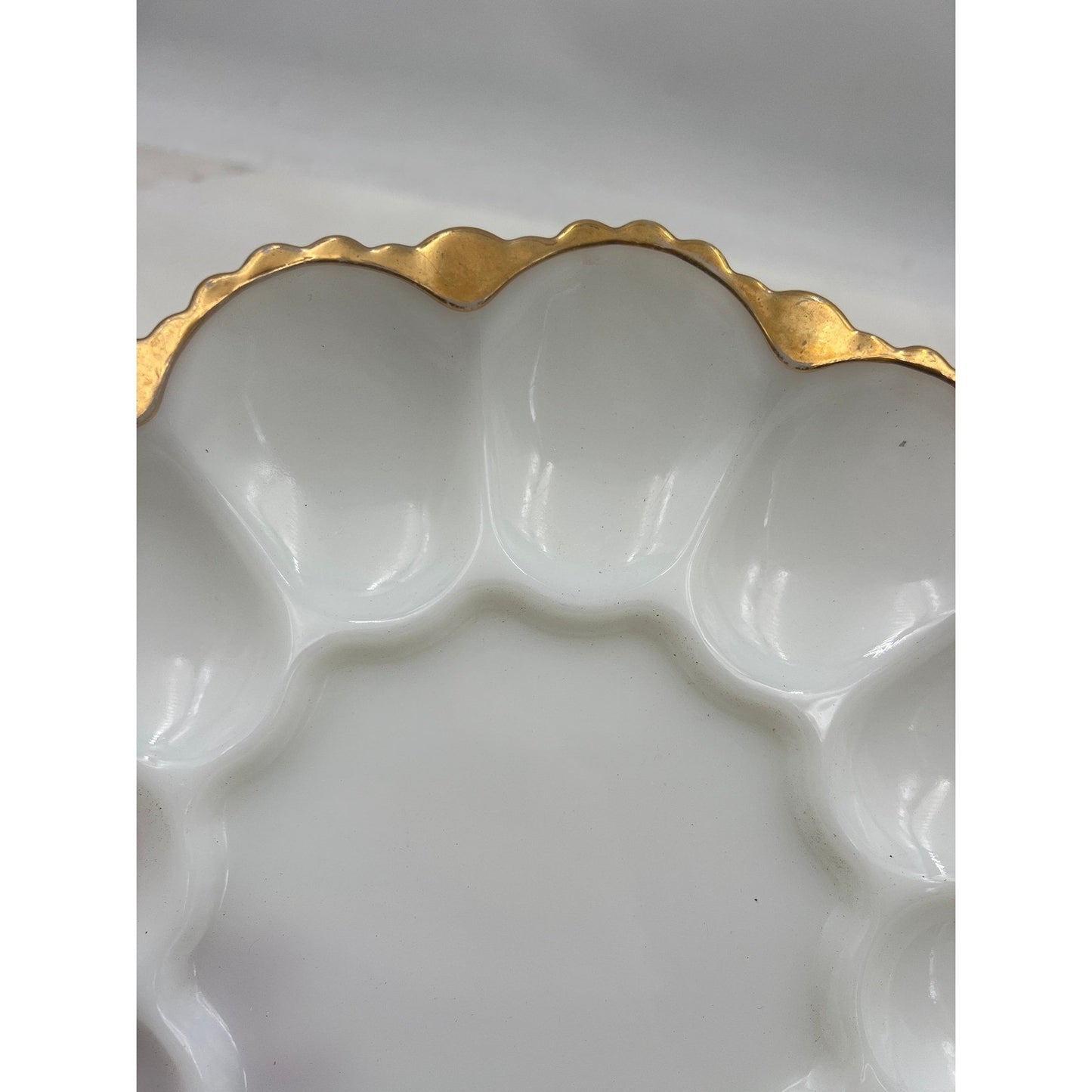 Vintage Milk Glass Egg Plate Gold Trim Scalloped Edge 12 Egg Holder Serving Dish