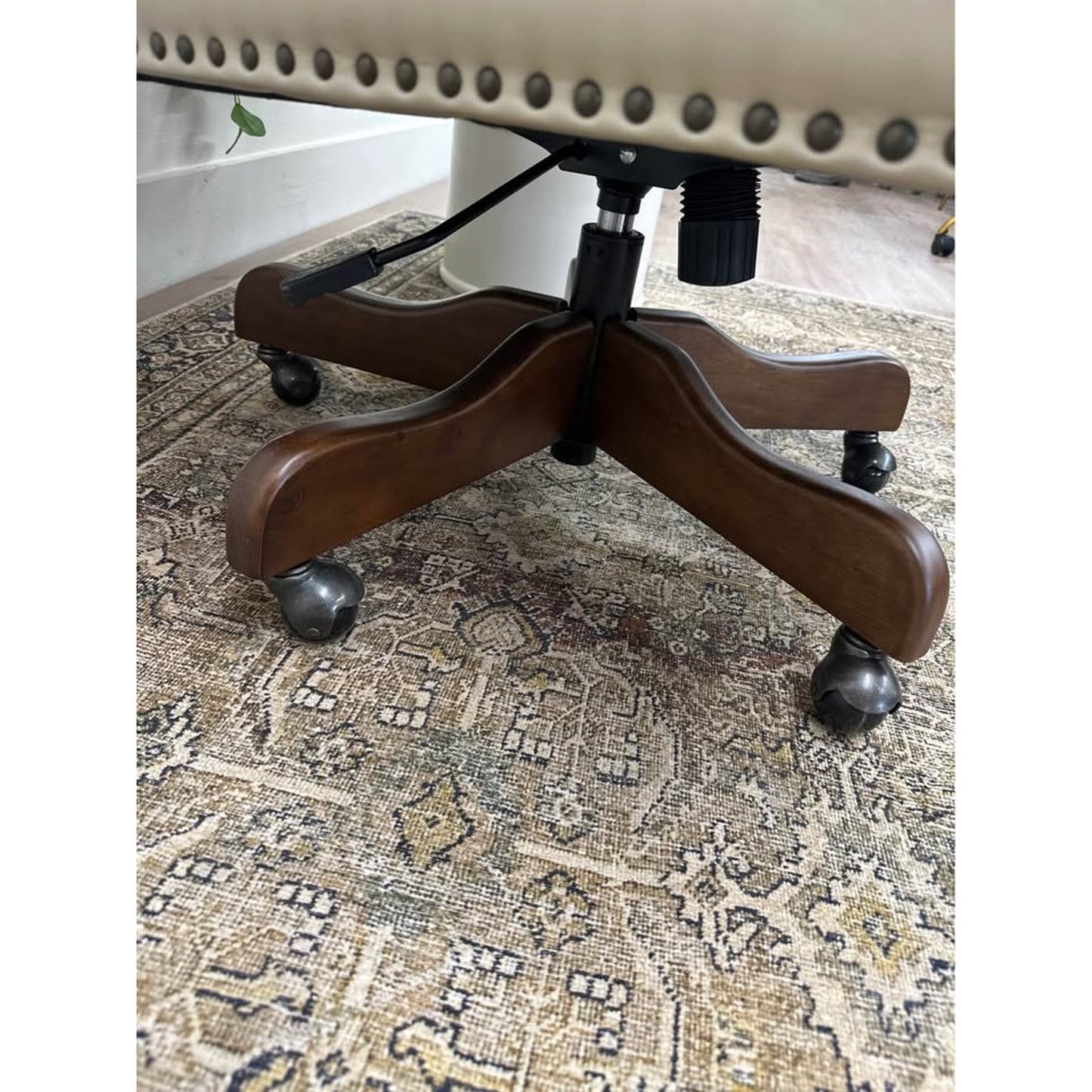 Viv Vegan Leather Executive Task Chair- Tan Brown Wood Rolling Base Office Chair Desk Nailhead