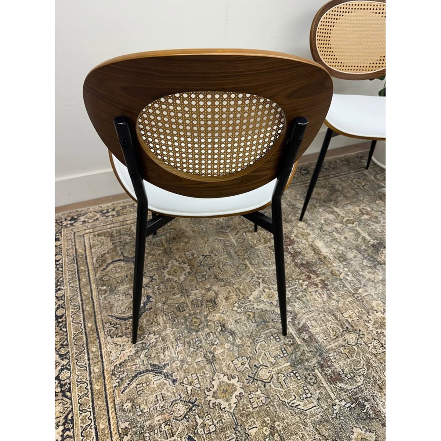Wooden Oval Back Dining Chair Fabric Padded Seat Rattan Woven Kitchen Restaurant Cafe Set of 2