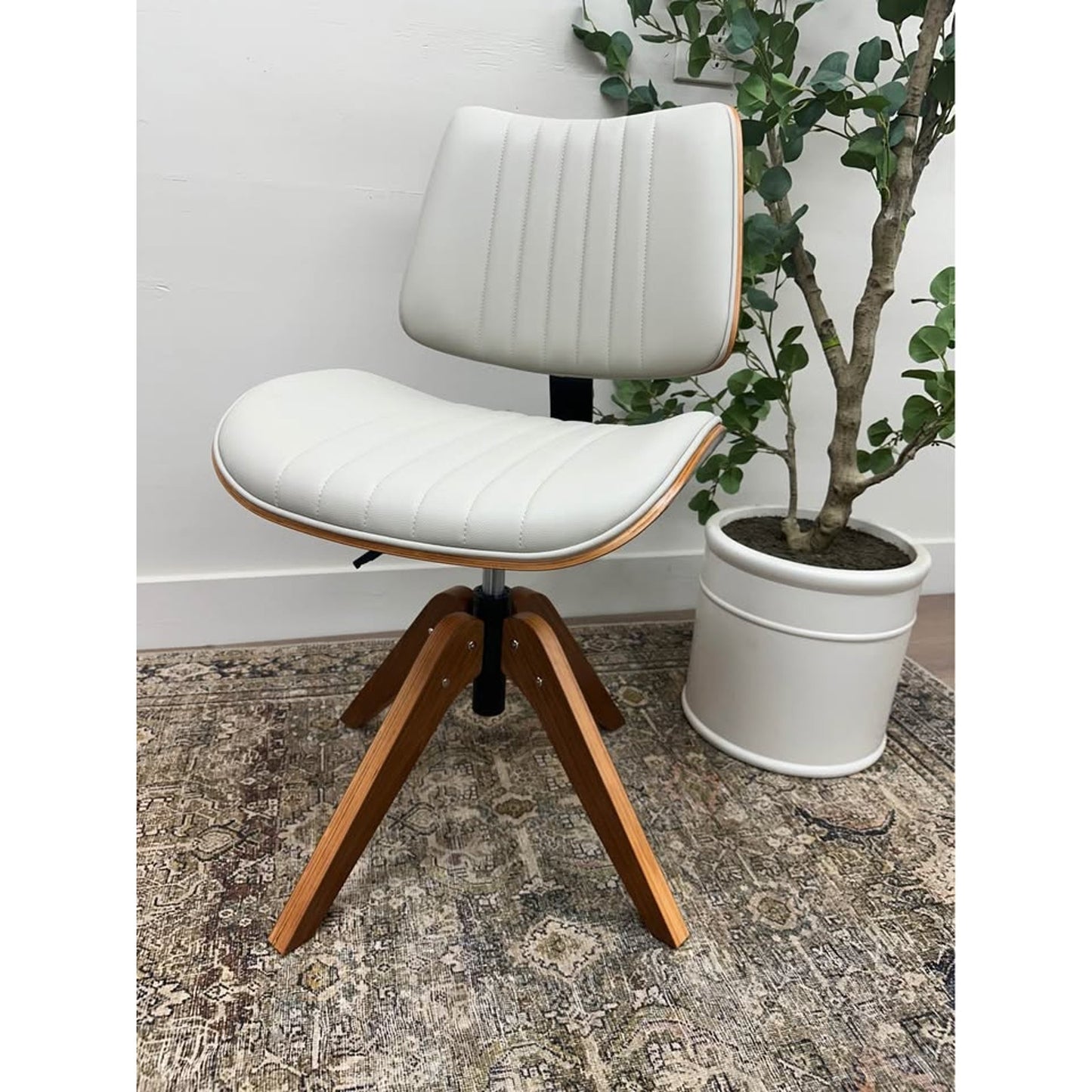 Will Office Chair Wood Base MCM Style Ivory Leather Upholstered Seat