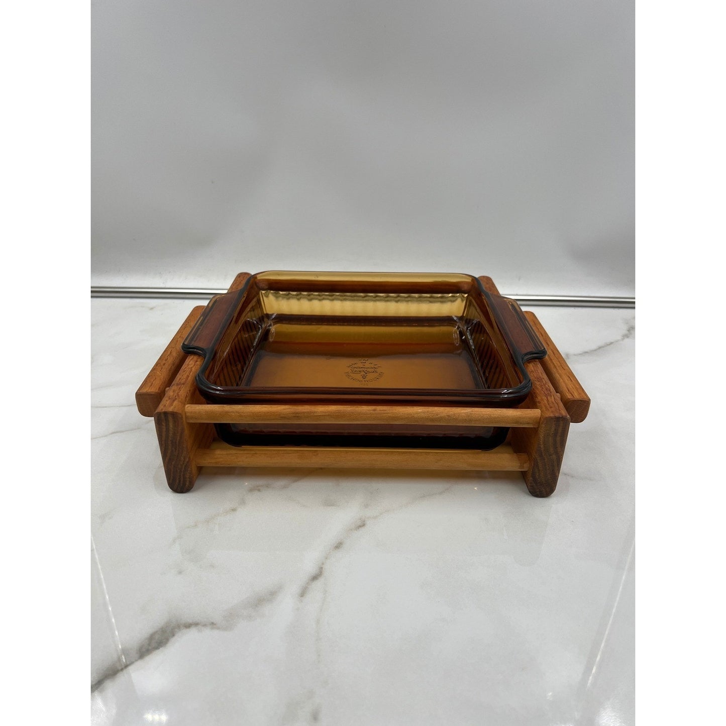 VTG Fire King Amber Glass Baking Dish Wood Cradle Anchor Hocking MCM
