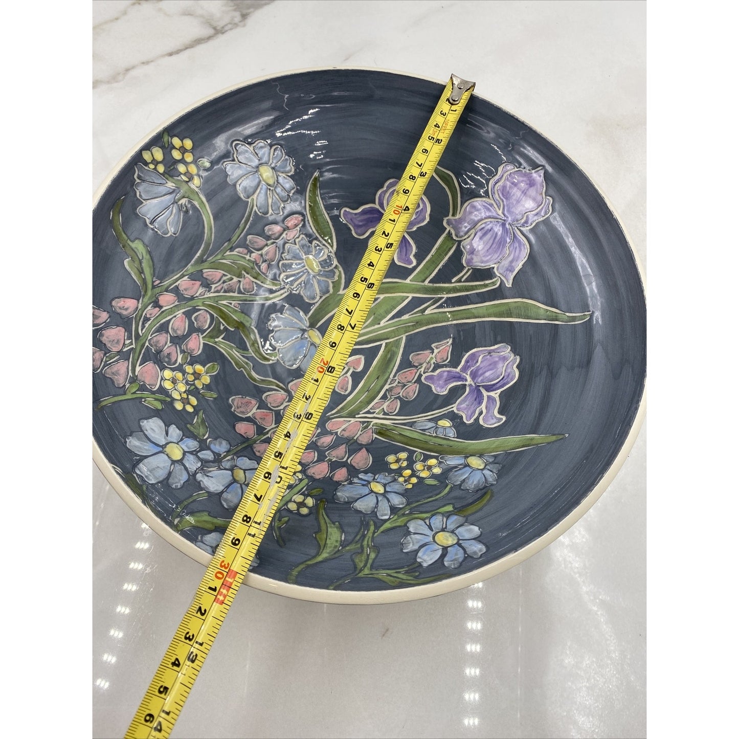 Studio Pottery Serving Bowl Handmade Spring Flowers Blue 12” Easter Spring