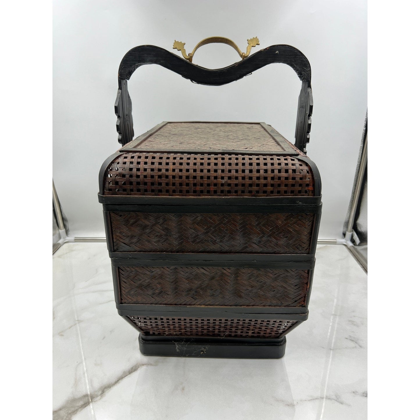 Vintage 3 Tier Chinese Wedding Basket Rattan Bamboo Design w/ Brass Deco