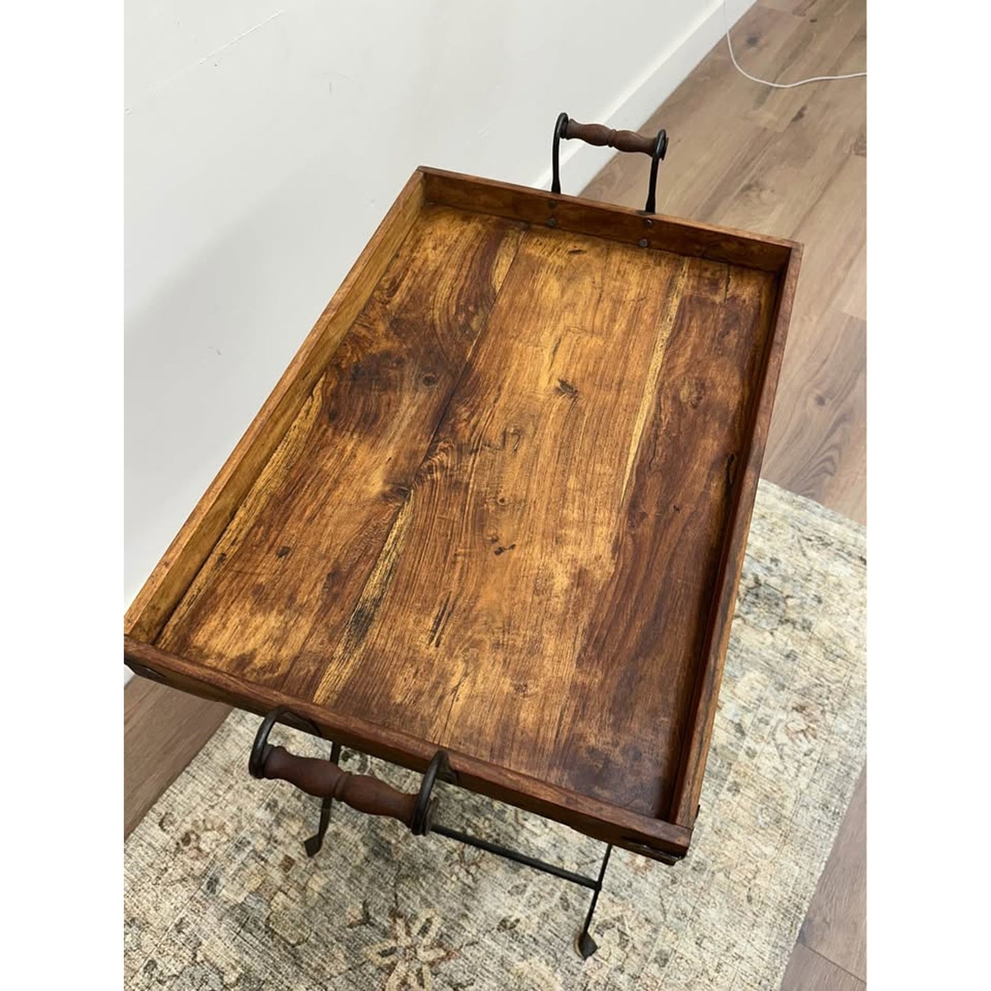 VTG  Rustic Wood Black Iron Folding Tray Table Butlers Tray TV Tray