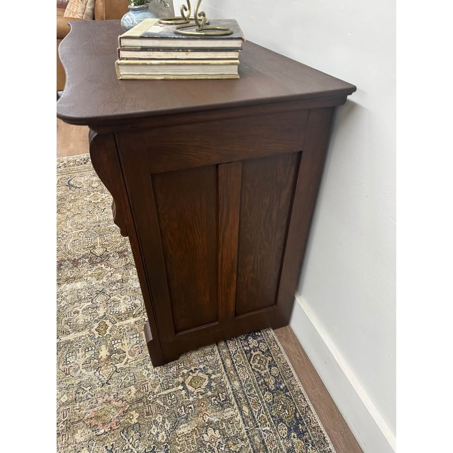 Antique Tiger Oak Dresser or Chest Entry Dark Finish Brass Accents