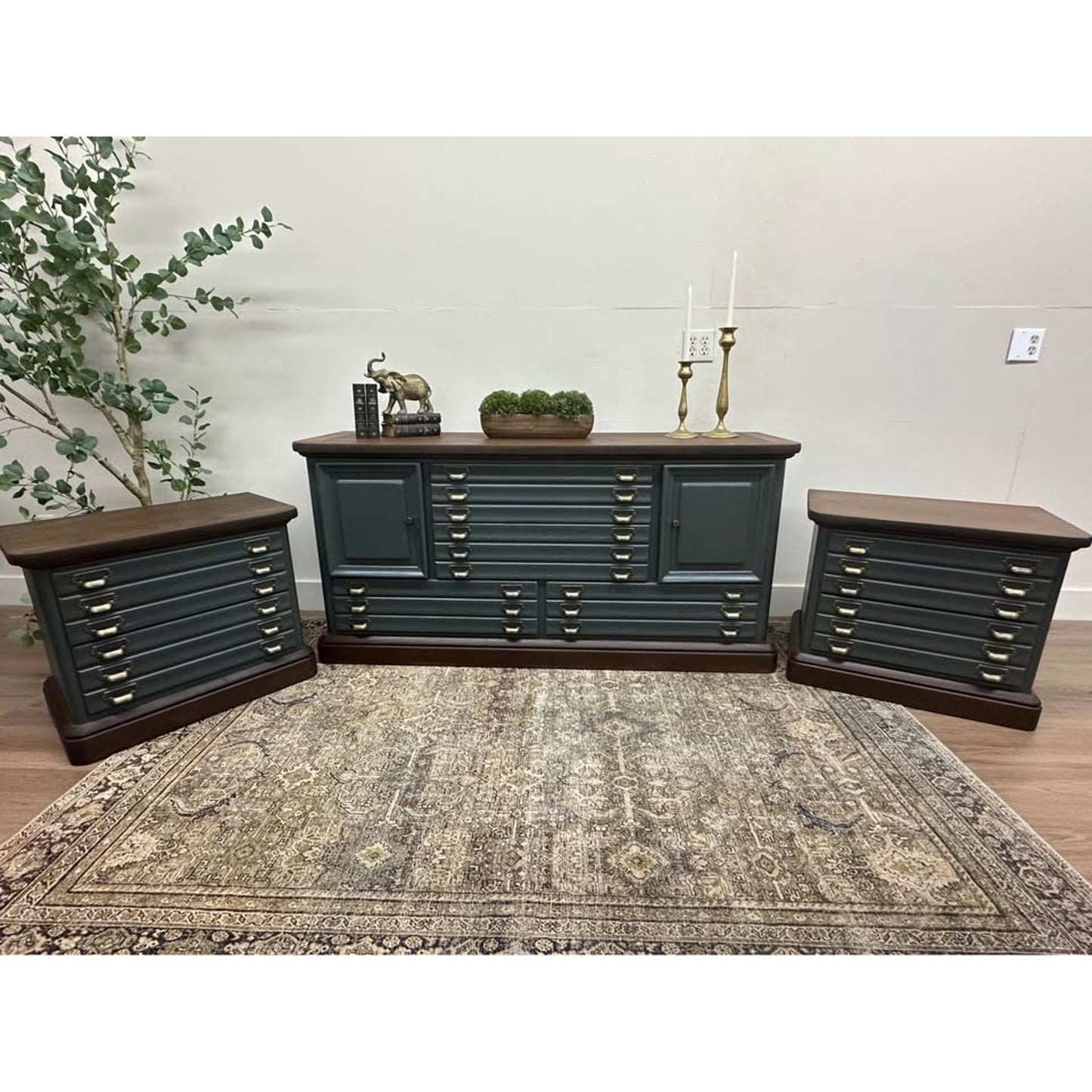 VTG Stanley Dresser Set Dresser Nightstands Dark Green Brass Apothecary Style Wood Stained Top