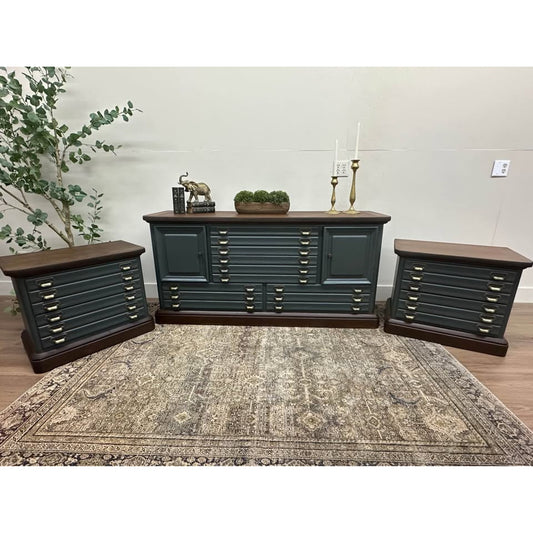 VTG Stanley Dresser Set Dresser Nightstands Dark Green Brass Apothecary Style Wood Stained Top
