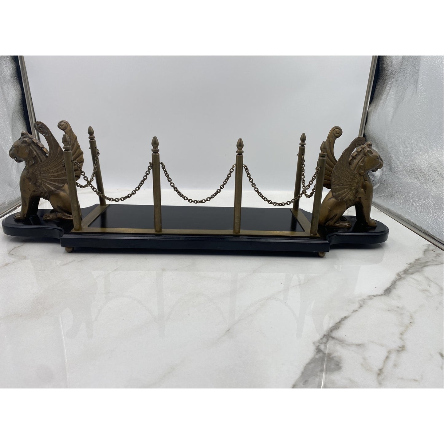 VTG Egyptian Brass Desk Book Holder Griffins Decanter Holder Stand Barware MCM