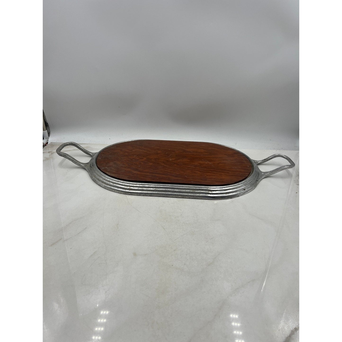 Vintage Wood Serving Tray Aluminum Handles Oval Platter Entertain