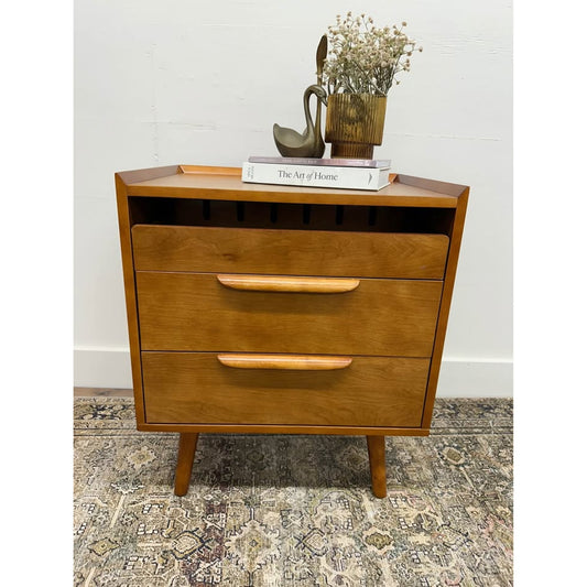 Florrie 3 Drawer Nightstand Acorn  Finish Wood MCM Style Built in Outlet