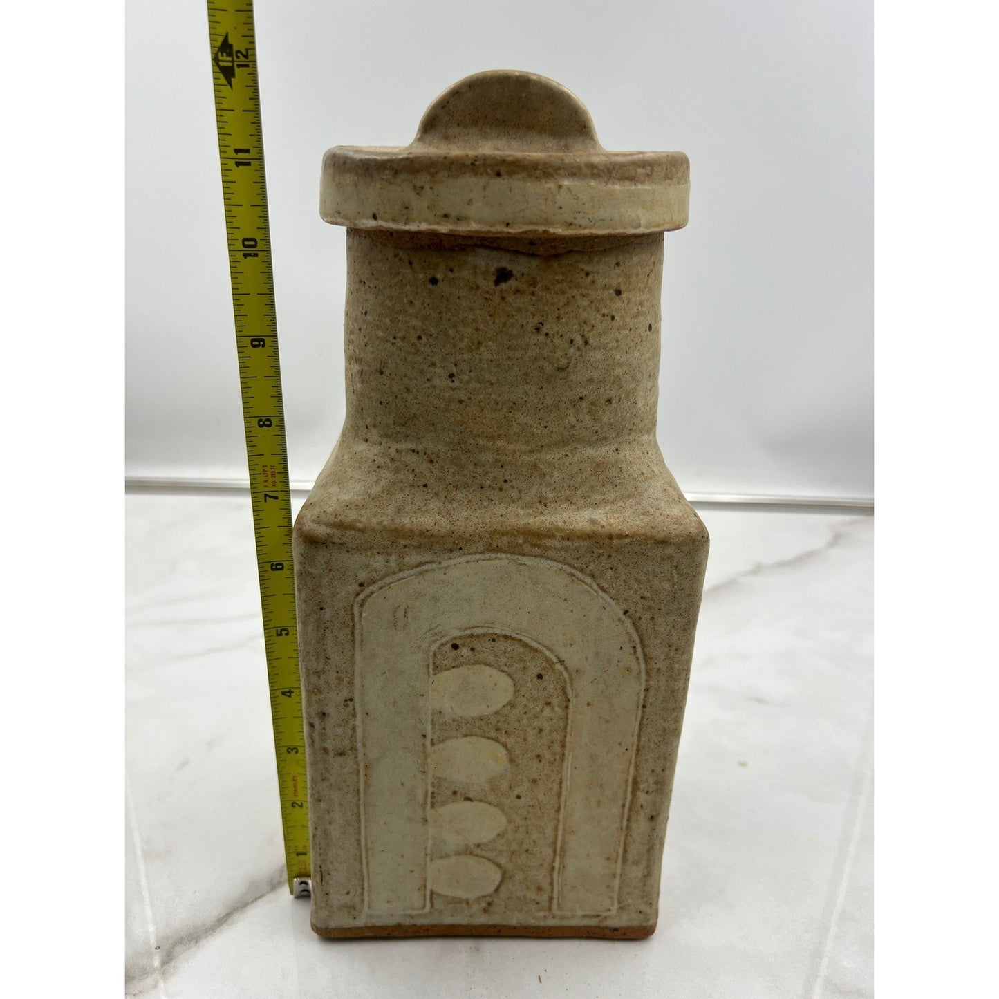 VTG Studio Pottery Lidded Canister Square Stoneware Jar Beige Cream Brutalist