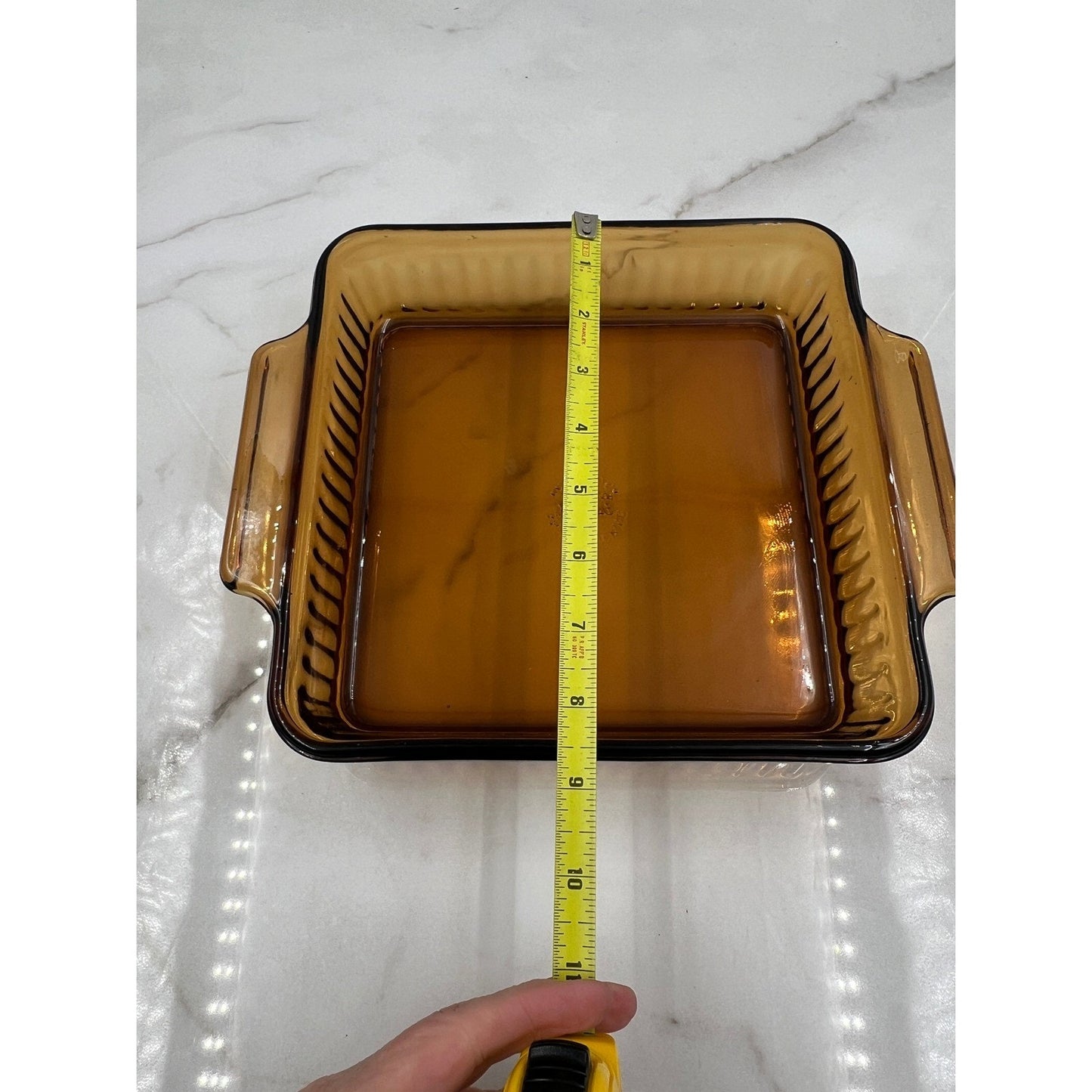 VTG Fire King Amber Glass Baking Dish Wood Cradle Anchor Hocking MCM