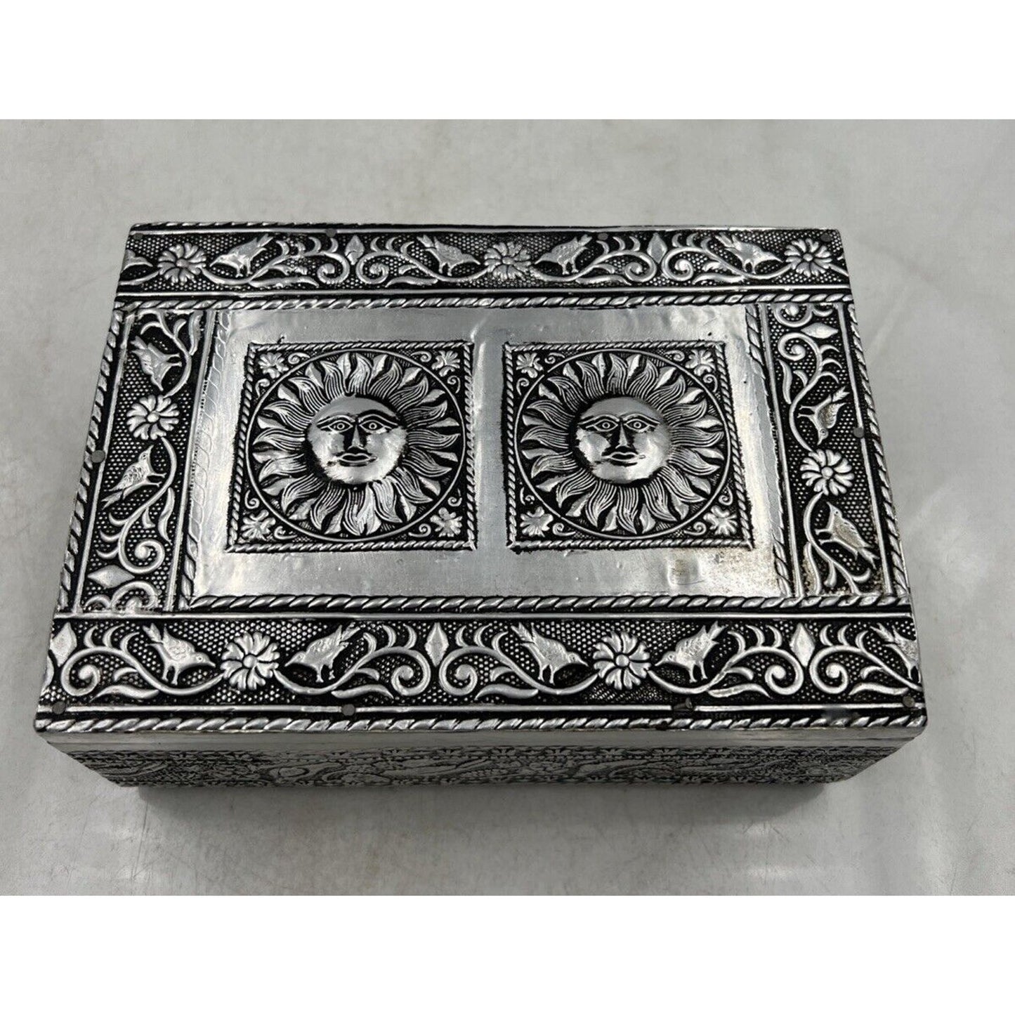 VTG Embossed Trinket Jewelery Box Silver Tone Rectangular Sun Face Birds