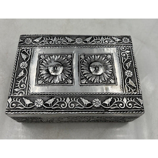 VTG Embossed Trinket Jewelery Box Silver Tone Rectangular Sun Face Birds