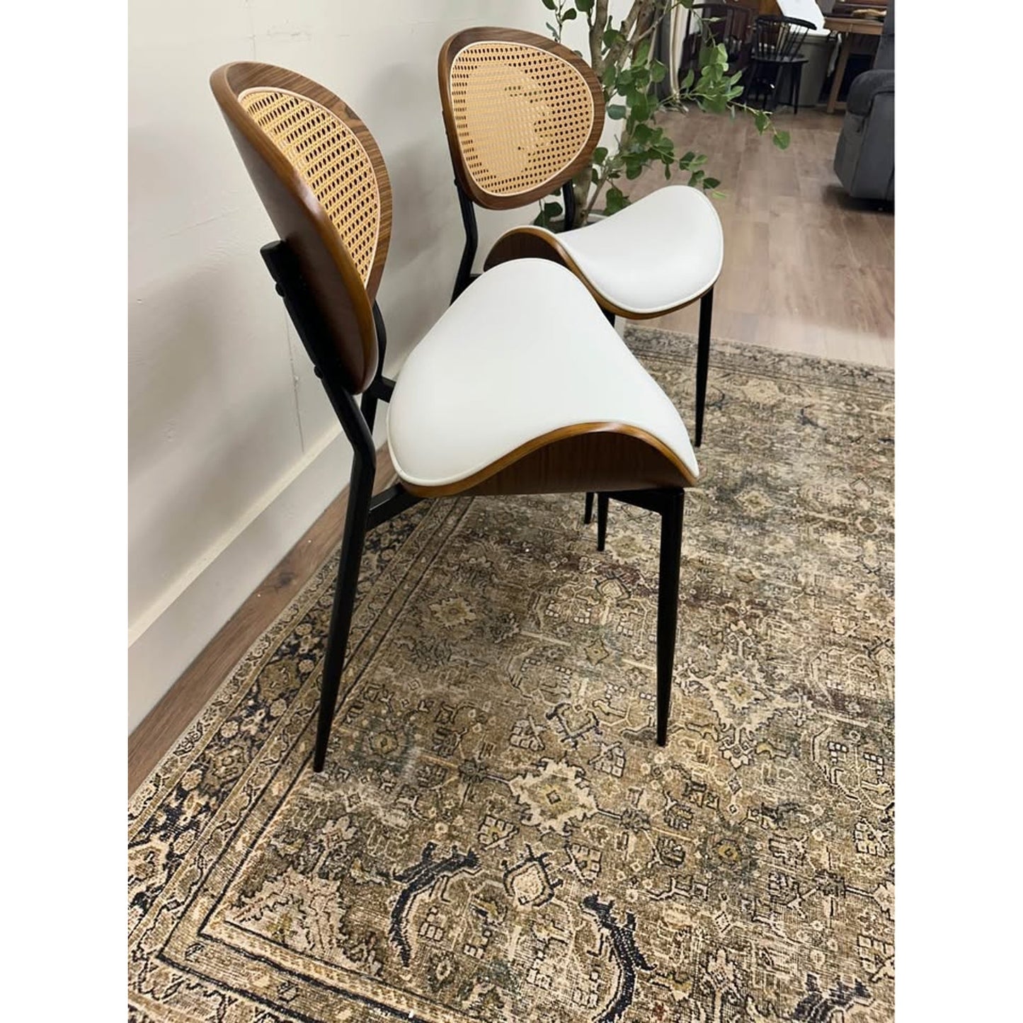 Wooden Oval Back Dining Chair Fabric Padded Seat Rattan Woven Kitchen Restaurant Cafe Set of 2