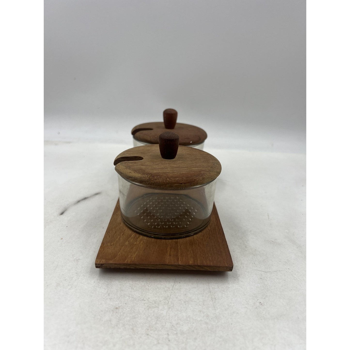 Luthje Wood Teak Glass Double Condiment Jar Set w/ Tray Danish Modern MCM