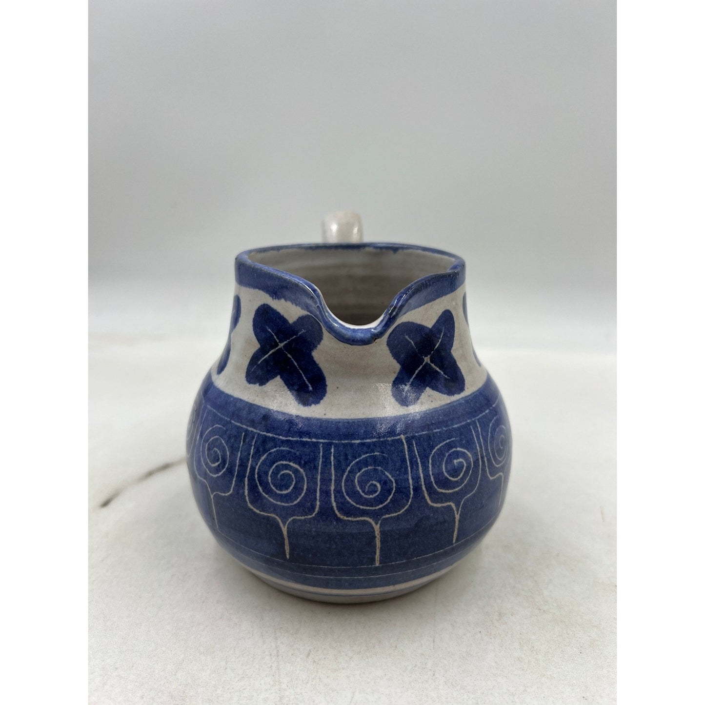 Blue White Ceramic Pitcher Creamer Small Decorative Hand Painted Swirl Floral