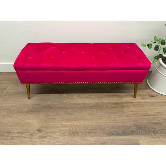 Achilles Storage Bench-FUCHSIA Hot Pink Gold Metal Legs Nailhead Detail