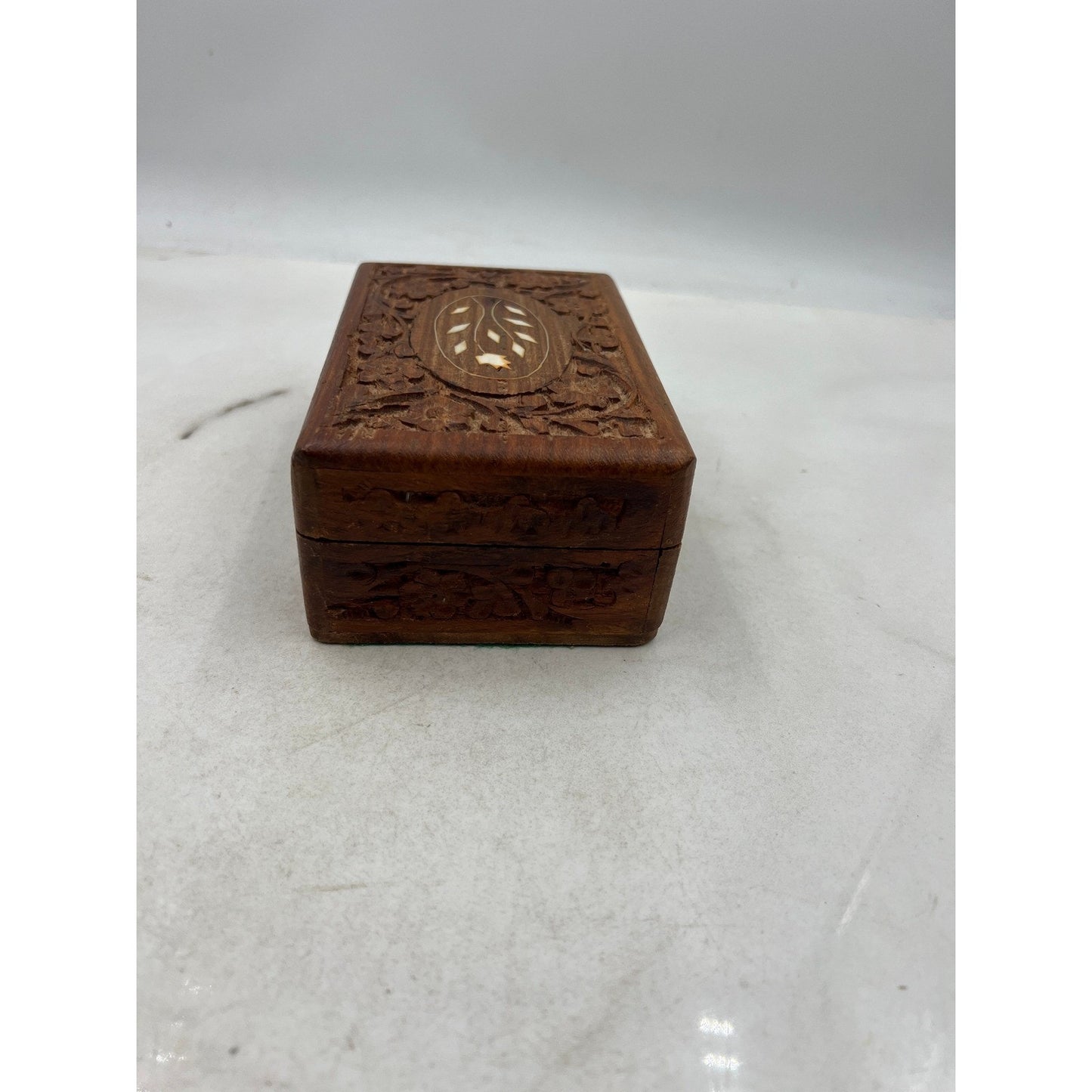 Hand Carved Wooden Jewelry Box Trinket Keepsake Ornate Floral Inlay