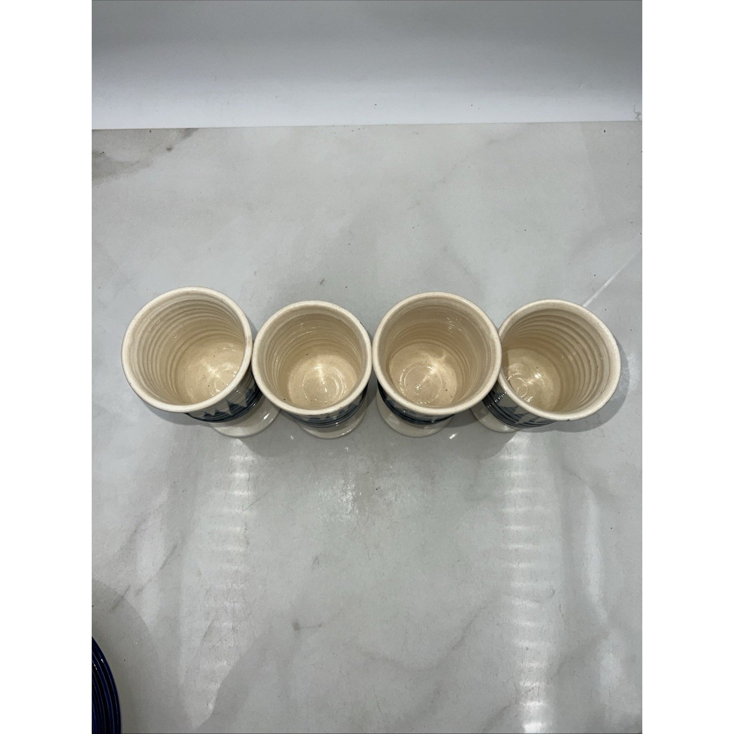 VTG Studio Pottery Goblets Glasses Hand Made Blue White Stoneware Set of 4 Signe
