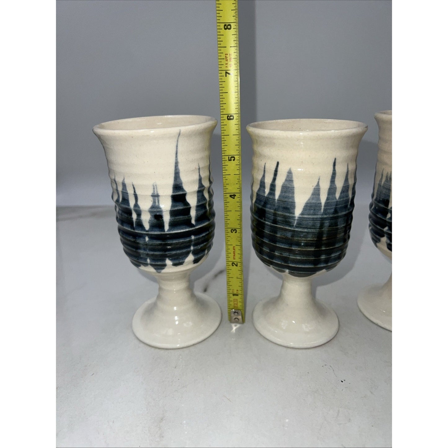 VTG Studio Pottery Goblets Glasses Hand Made Blue White Stoneware Set of 4 Signe