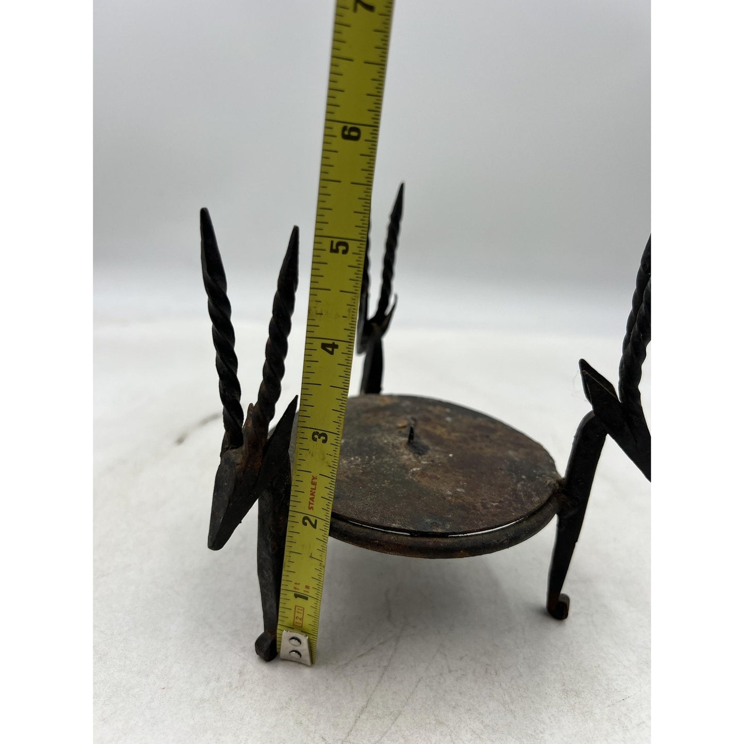 Hand Forged Wrought Iron Antelope Gazelle Heads Tripod Candle Holder Spike
