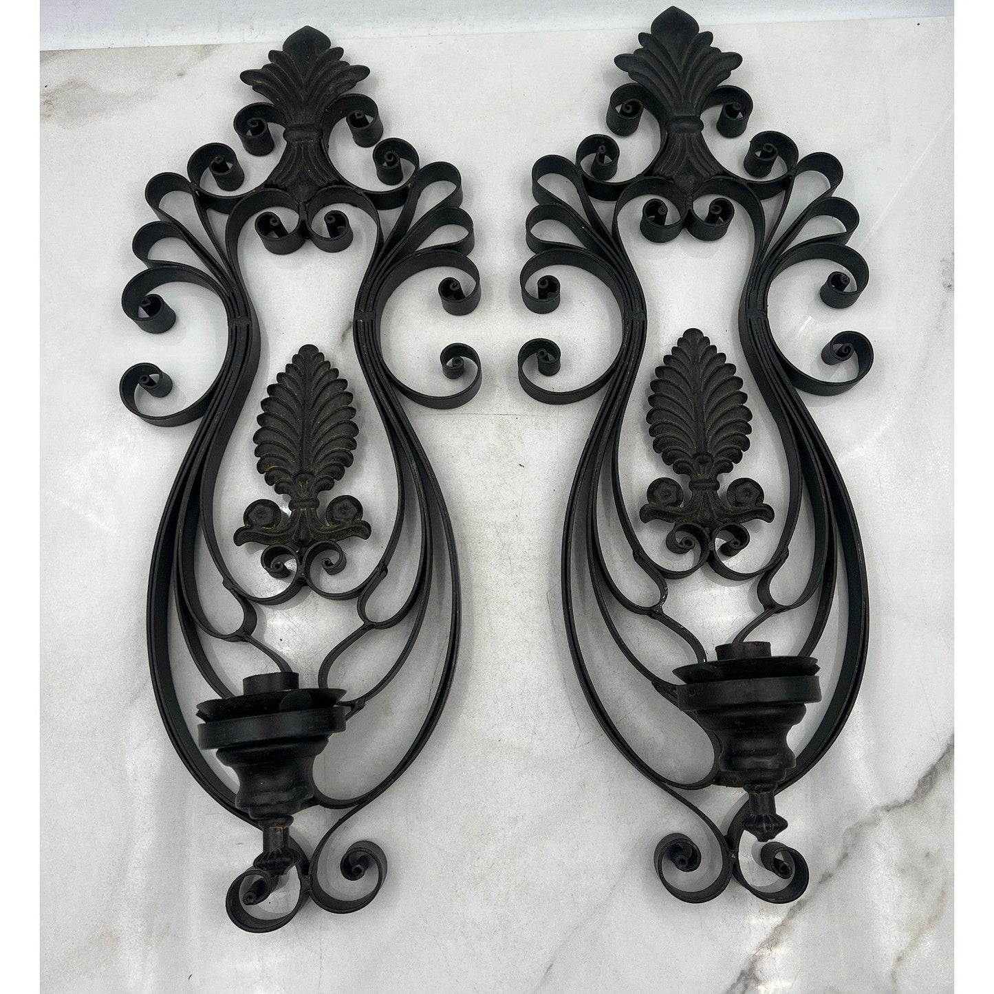 VTG Black Metal Ornate Wall Sconces Candle Holders Fleur De Lis Scrollwork Set 2