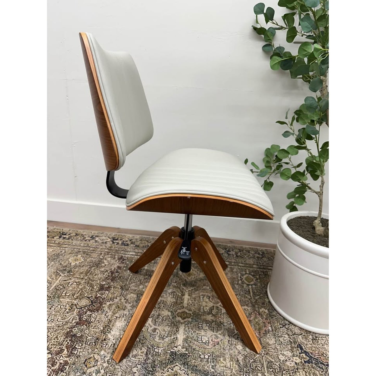 Will Office Chair Wood Base MCM Vibes Ivory Leather Upholstered Seat