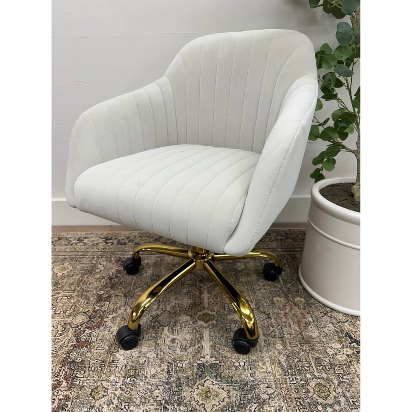 Jacinda Task Chair-Off White Velvet Gold Rolling Office Chair