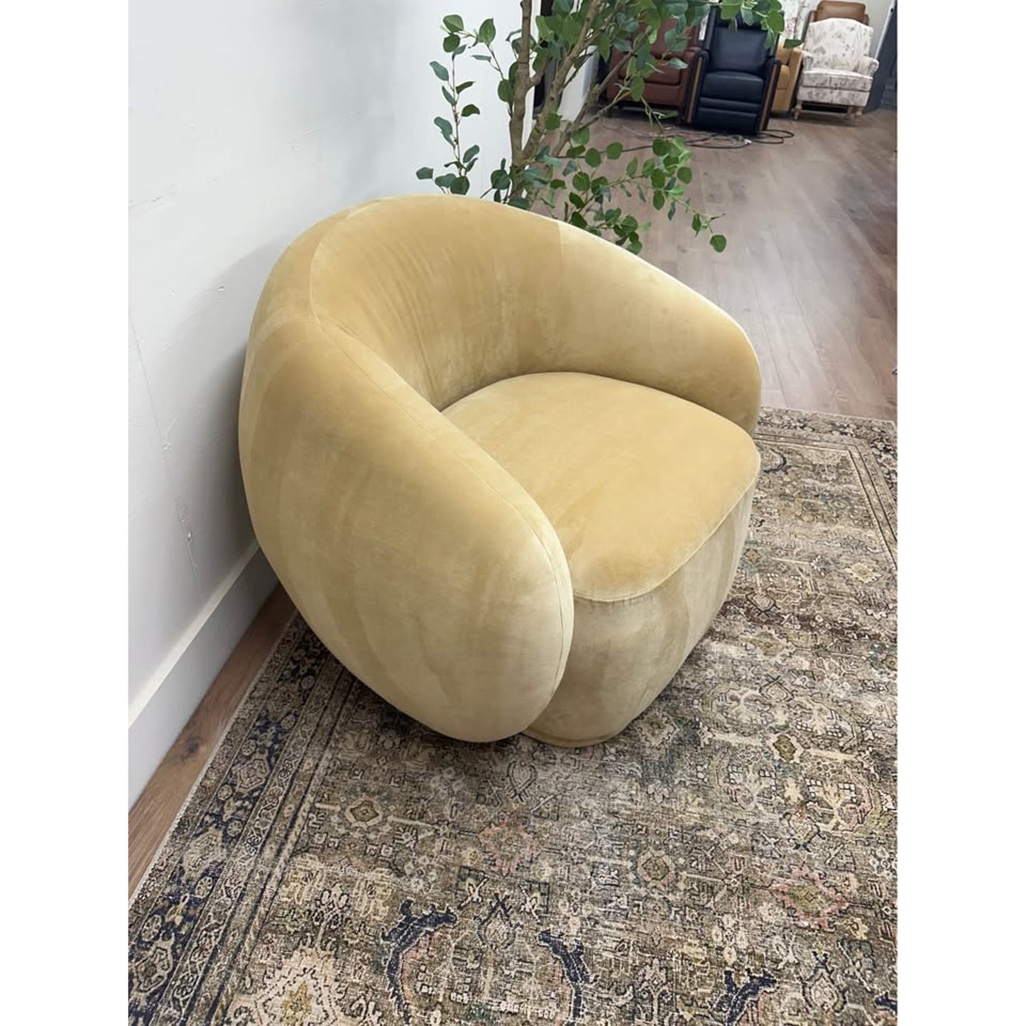 Emery Velvet Barrel Chair Lounger Yellow Gold Color Fabric Round