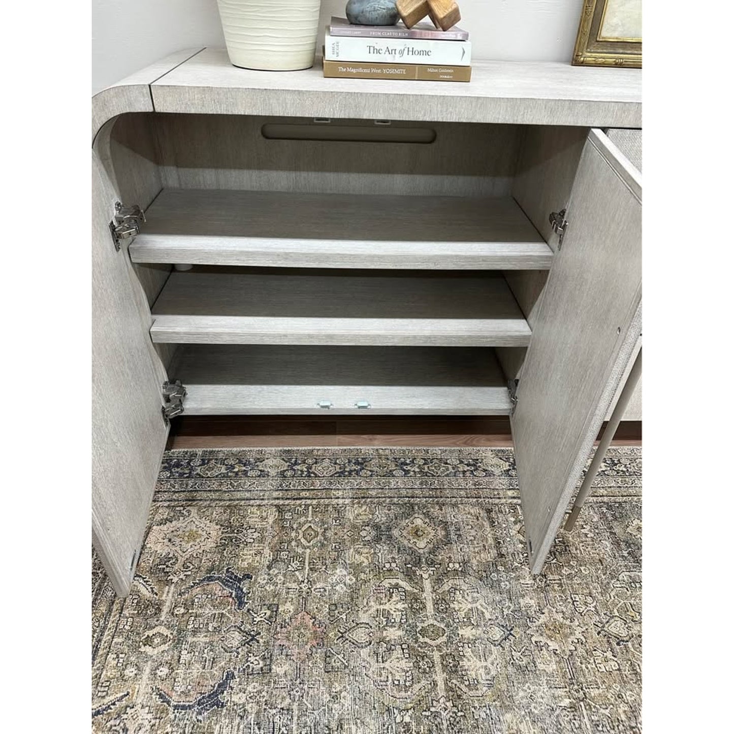 Modern Mood Buffet Console Entry Buffet Arched Waterfall Hooker Furniture Creamy Grayish Color