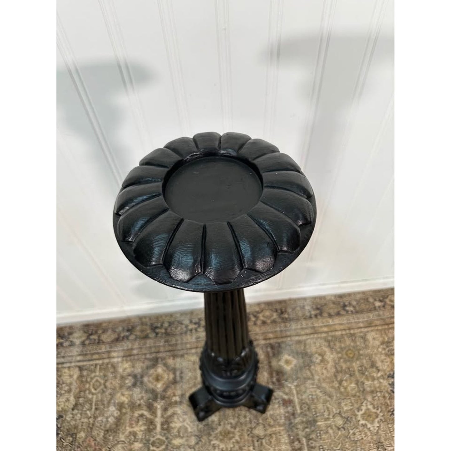 VTG Wood Carved Ornate Tall Black Painted Wood Pillar Candle Holder Plant Stand