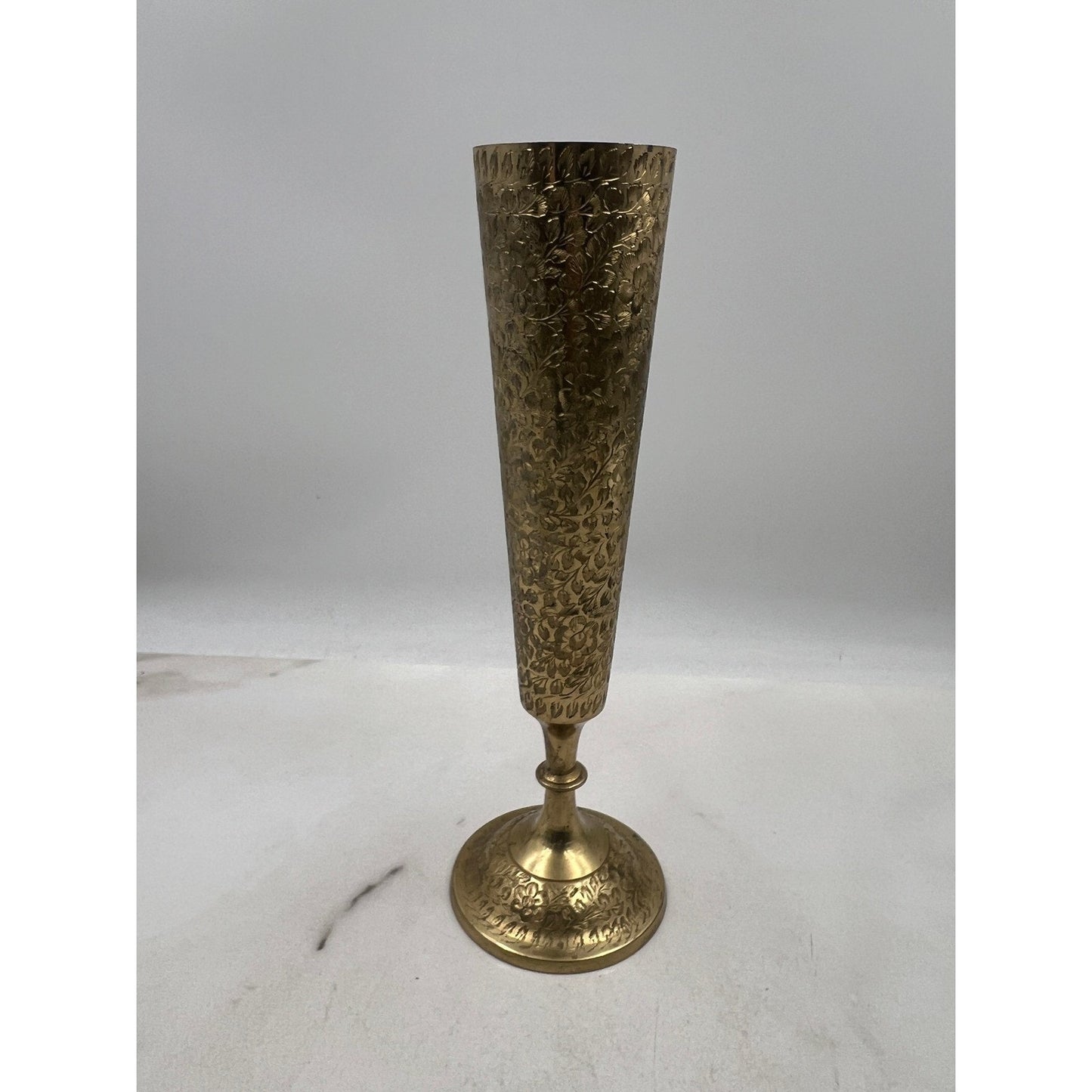 Vintage Brass Bud Vase Etched Floral Trumpet Pedestal Base India
