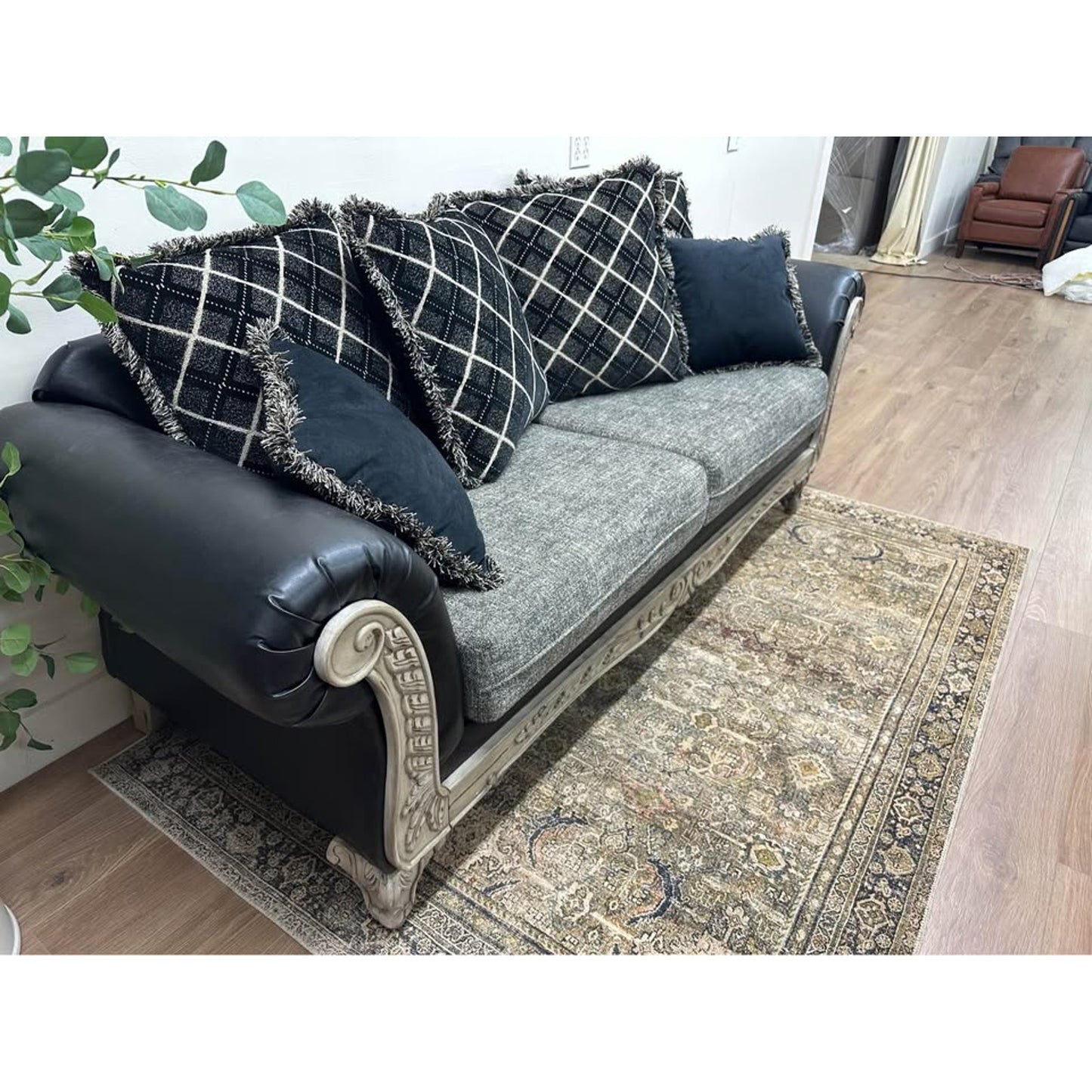 Bernardus Sofa Couch 2-Tone Fabric Wooden Frame Loveseat With Carved Wood Trim Black Gray
