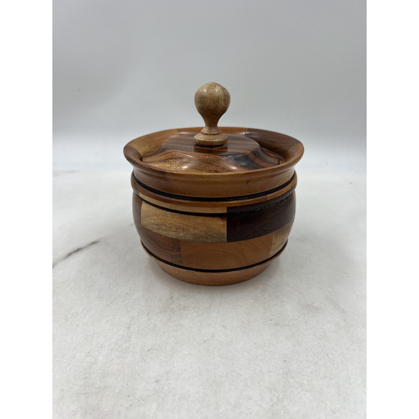 Handmade Wood Lidded Trinket Box Container Multi-Tone Carved Decorative Storage