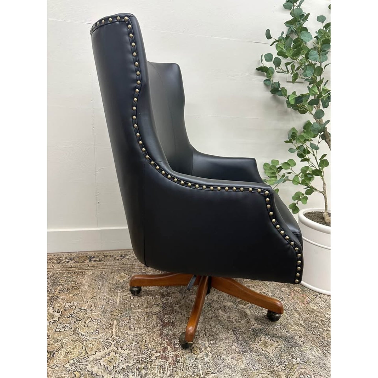 Leon Office Chair-BLACK Vegan Leather Nailhead Trim Executive Rolling Wood Base Desk