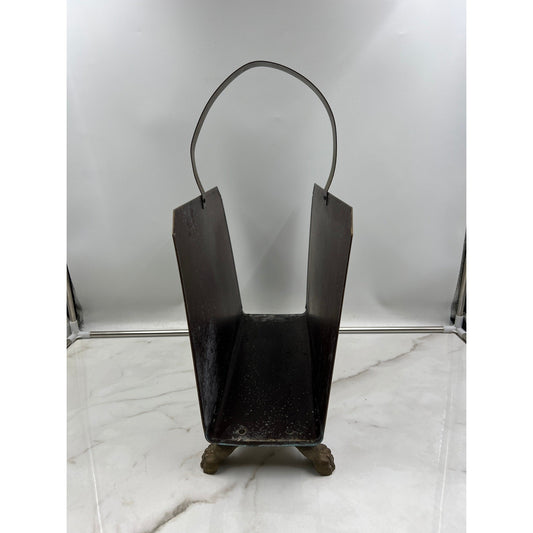 Vintage Brass Magazine Rack Lion Paw Feet Log Holder Hearth Decor Handle