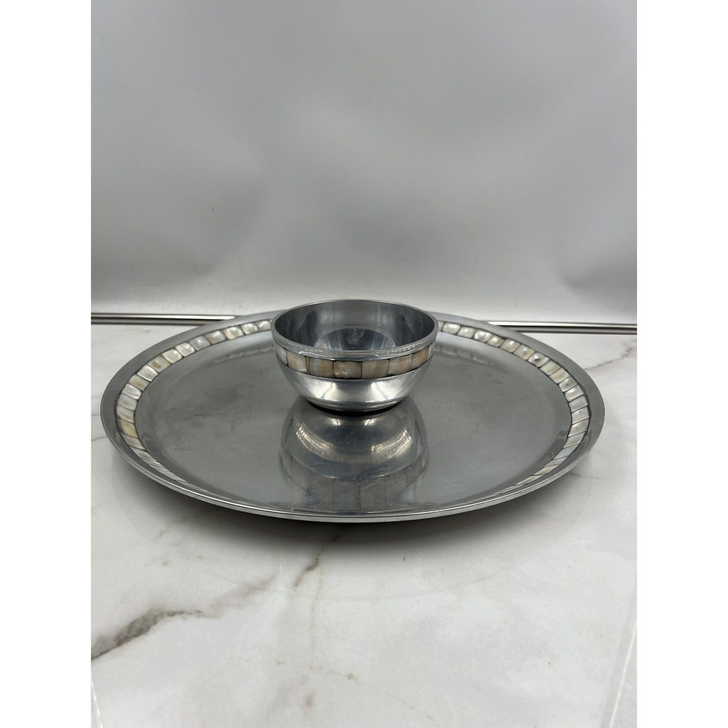 Towle Silversmiths Chip and Dip Serving Set Mother of Pearl Inlay Metal Platter