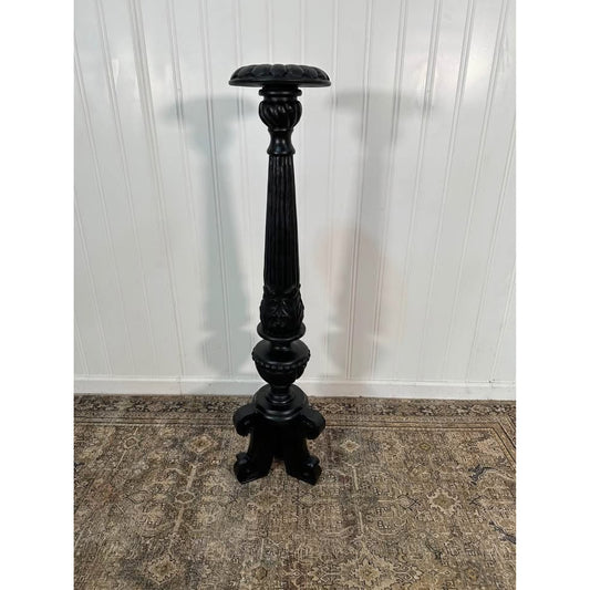 VTG Wood Carved Ornate Tall Black Painted Wood Pillar Candle Holder Plant Stand