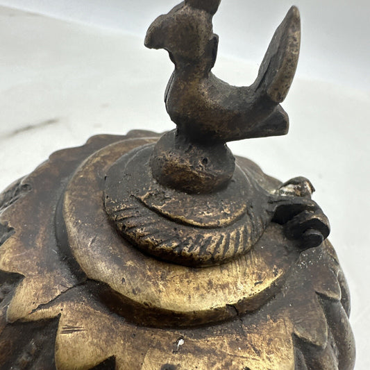 Antique Ink Well Indian Cast Bronze Mughal Footed w/ Peacock Lid & Fluted Sides