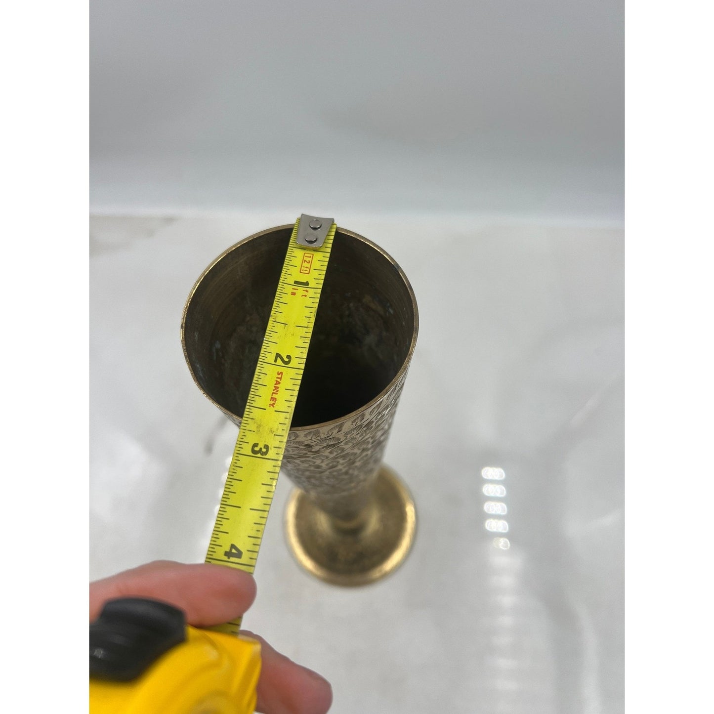 Vintage Brass Bud Vase Etched Floral Trumpet Pedestal Base India