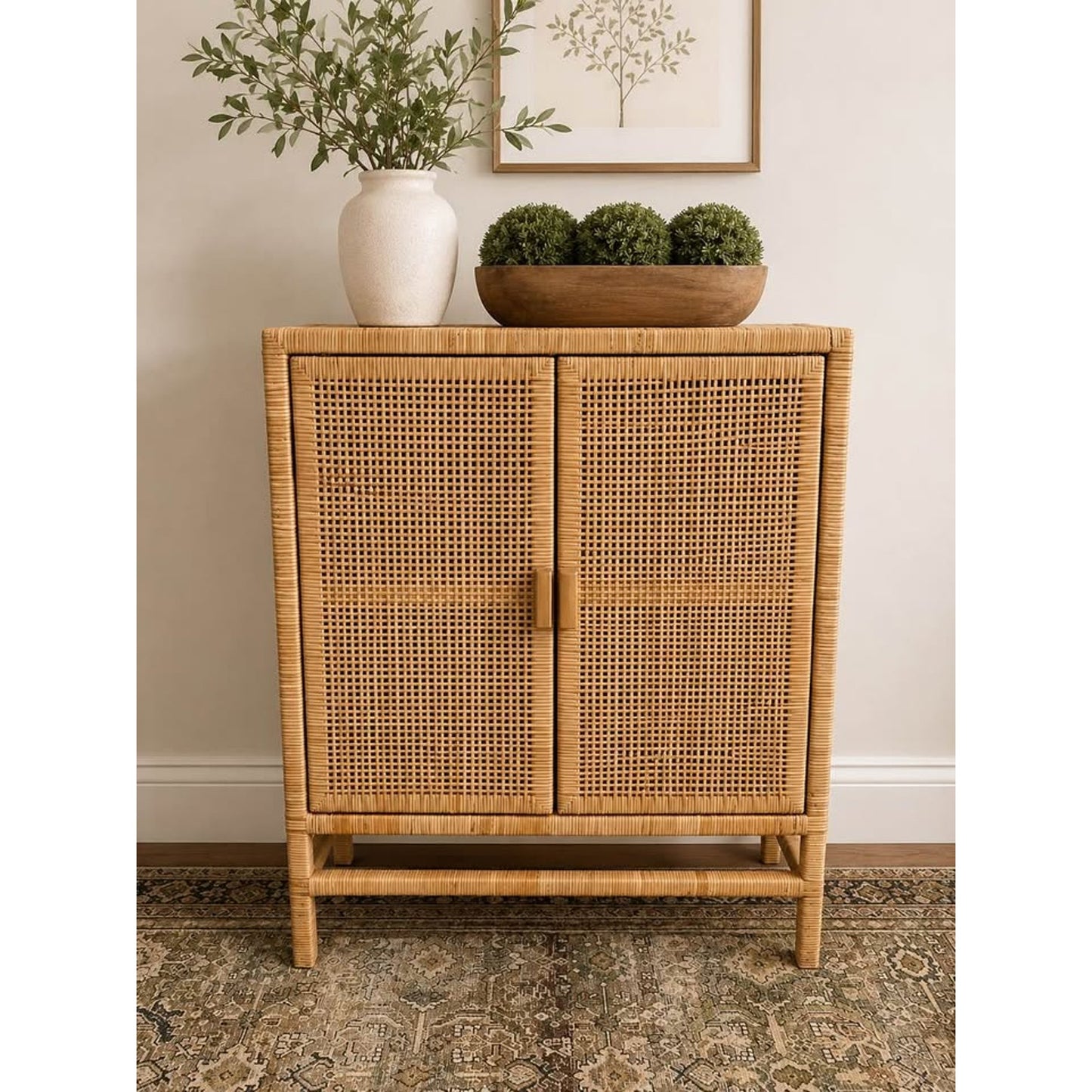 Natural Rattan Storage Cabinet - 3-Tier Handwoven Wicker Accent Cabinet Double Doors Elevated Base