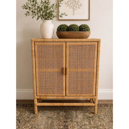 Natural Rattan Storage Cabinet - 3-Tier Handwoven Wicker Accent Cabinet Double Doors Elevated Base