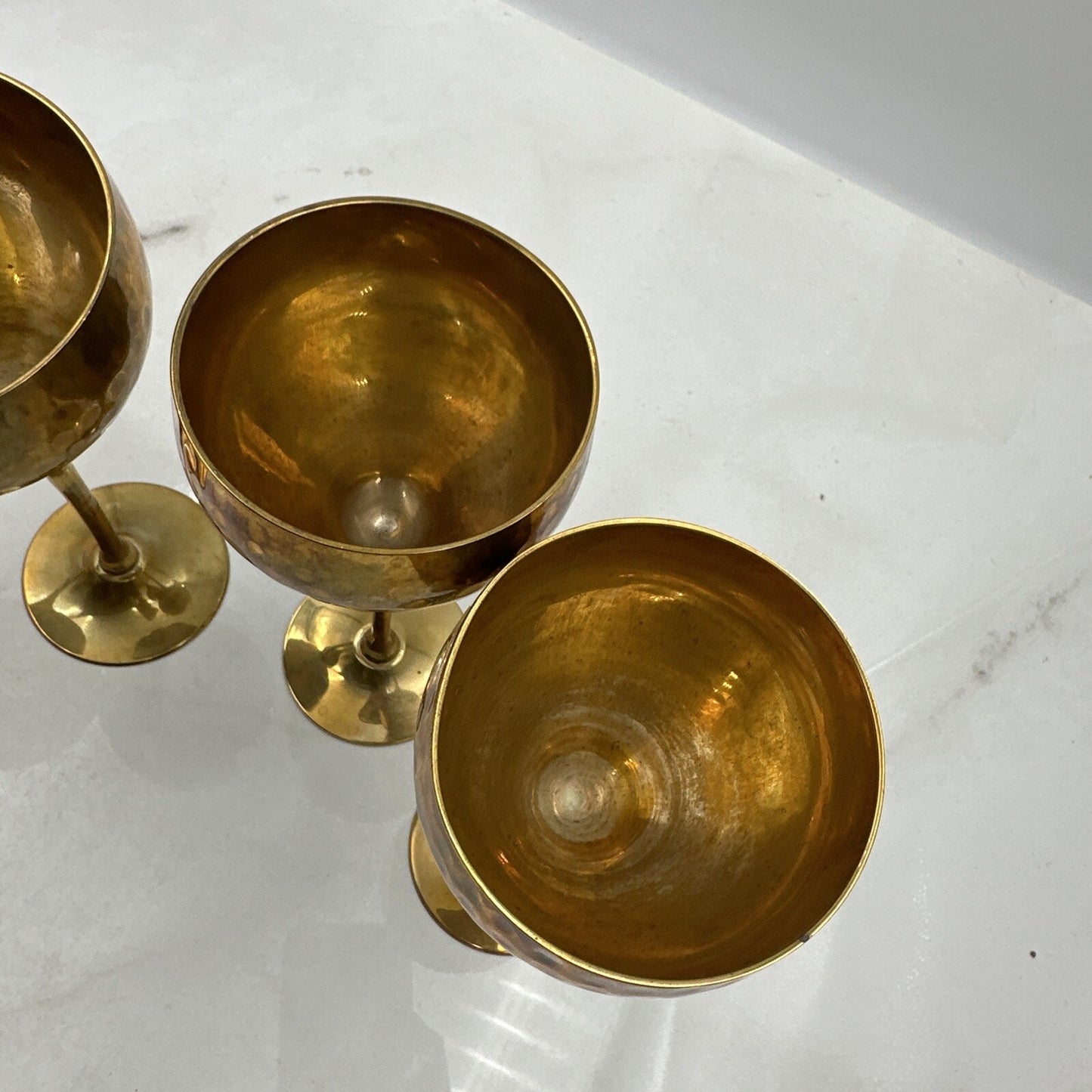 Vtg Brass Wine Glasses Goblet Bar Drink Chalice 7" Hammered Texture Tulip Stem 4