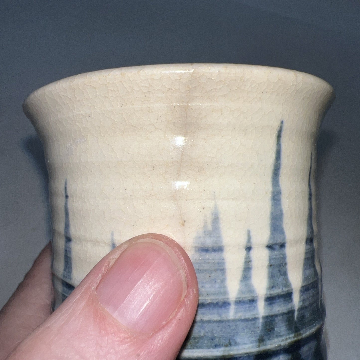 VTG Studio Pottery Goblets Glasses Hand Made Blue White Stoneware Set of 4 Signe
